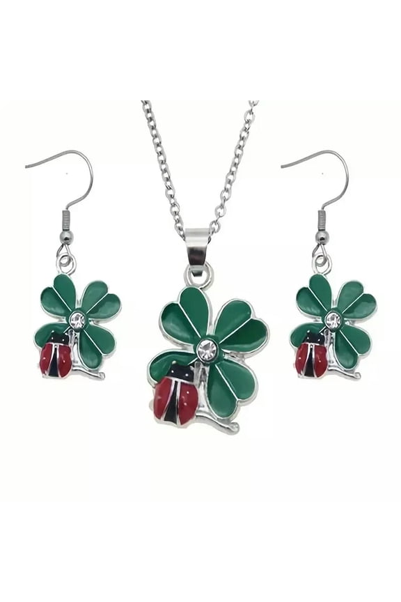 Lucky Clover Enamel Rhinestone Necklace & Earrings Set For St Patricks Day