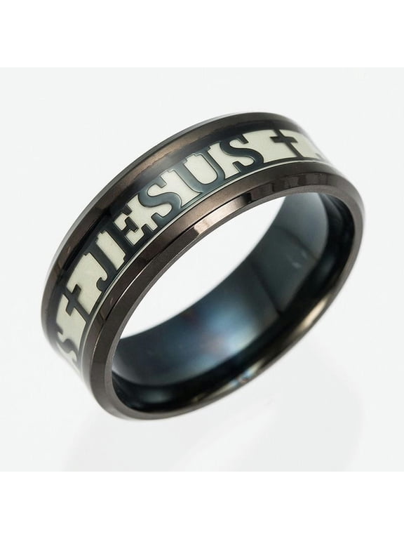 Luminous Jesus Cross Christian Letter Men Ring Glow In The Dark Titanium Steel-Black-13