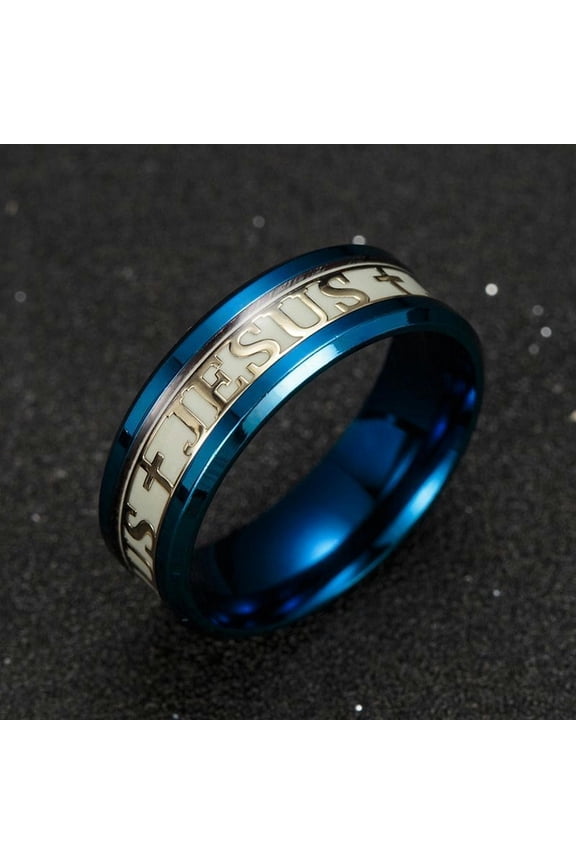 Luminous Jesus Cross Christian Letter Men Ring Glow In The Dark Titanium Steel-Blue-11