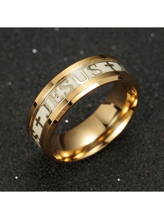 Luminous Jesus Cross Christian Letter Men Ring Glow In The Dark Titanium Steel-Gold-7