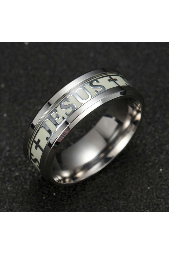 Luminous Jesus Cross Christian Letter Men Ring Glow In The Dark Titanium Steel-Silver-9