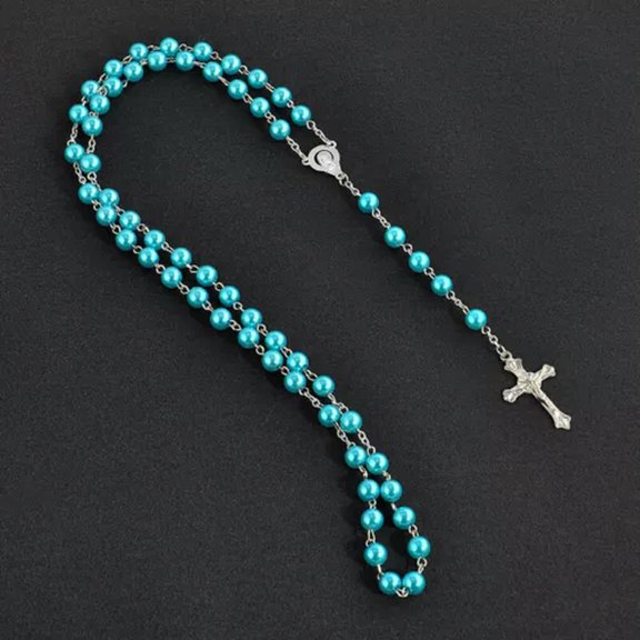 MATROOY Marble Beads Silver Rosary Catholic Necklace Miraculous Medal Cross }-blue