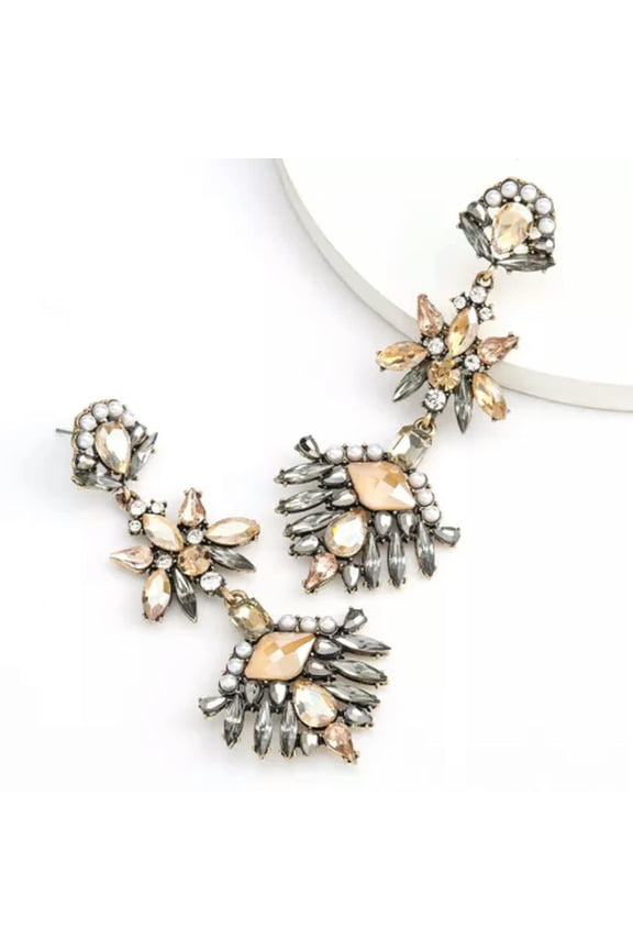 Massive Aztec Mayan Ethnic Long Flower Crystal Earrings Design-Golden & Gray