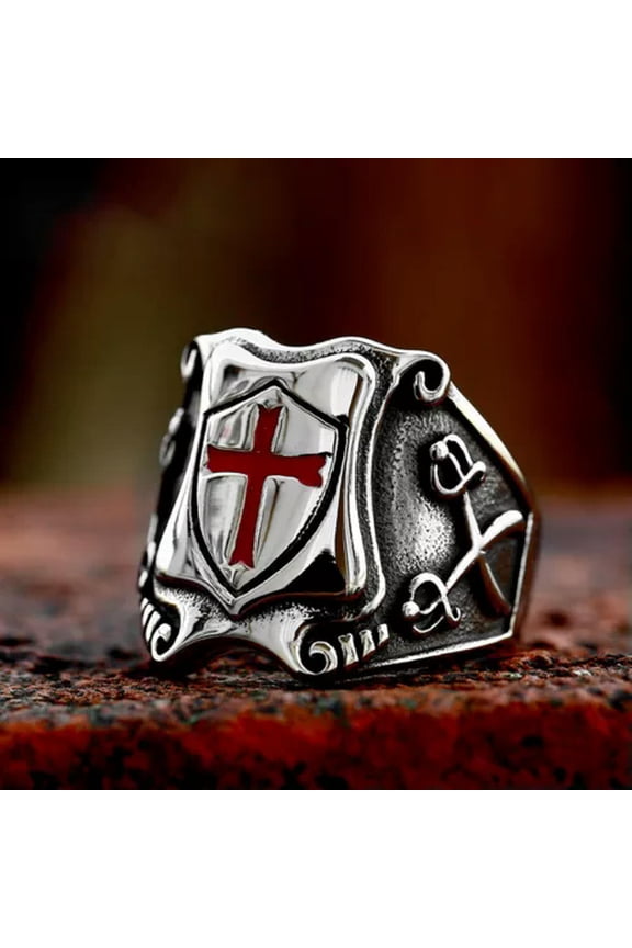 Medieval Crusades Cross Shield Ring Stainless Steel Retro Men's Gift Biker Ring-7