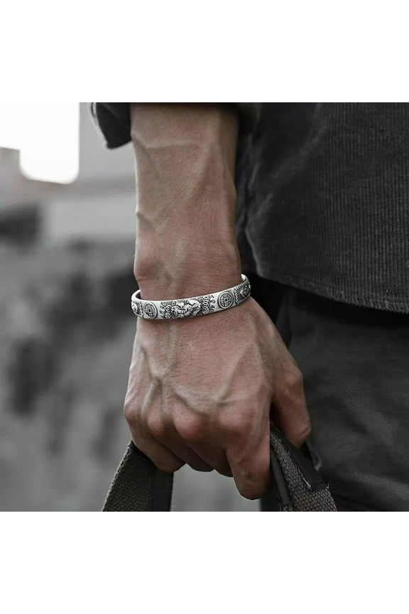 Men 925 Sterling Silver Lucky & Wealth Vintage Bracelet Bangle Open Cuff Jewelry