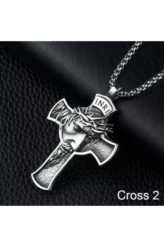 Men Cross Pendant Necklace Religious Christian Jewelry Stainless Steel Chain 24"-Cross 2