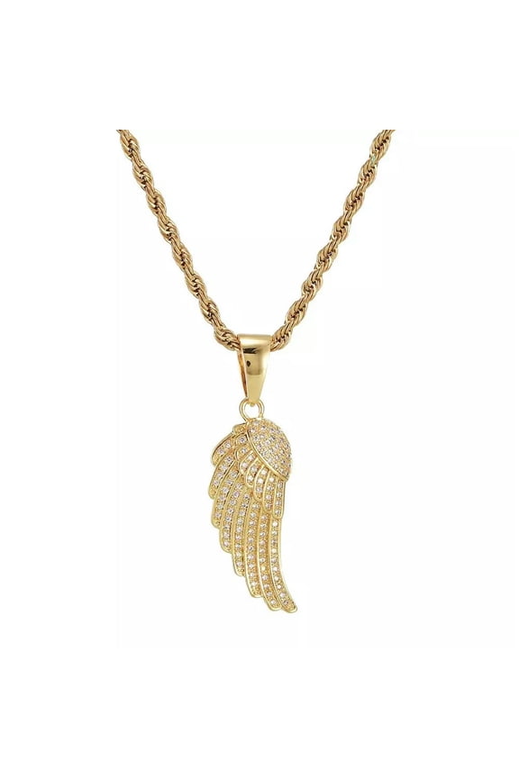 Men Gold CZ Angel Wing Pendant Necklace Punk Rock Hip Hop Jewelry Rope Chain 24"