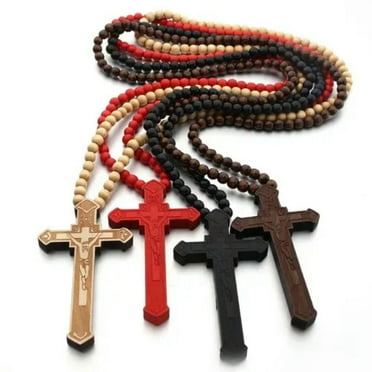MATROOY Men Large Wooden Jesus Cross Pedant Necklace Christian Jewelry Ball Chain 35"-Natural