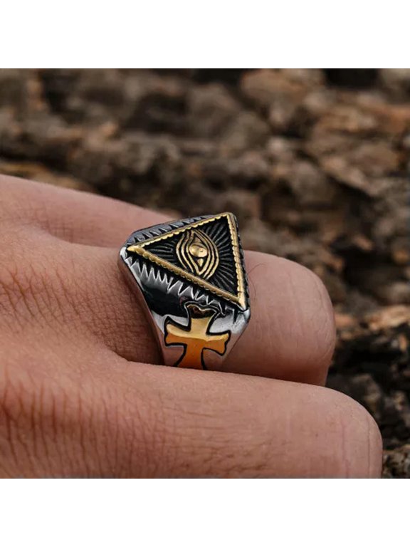 Men Masonic Eye Ring Square G Pillars Freemason Cross Master Silver Size US 7-13-13