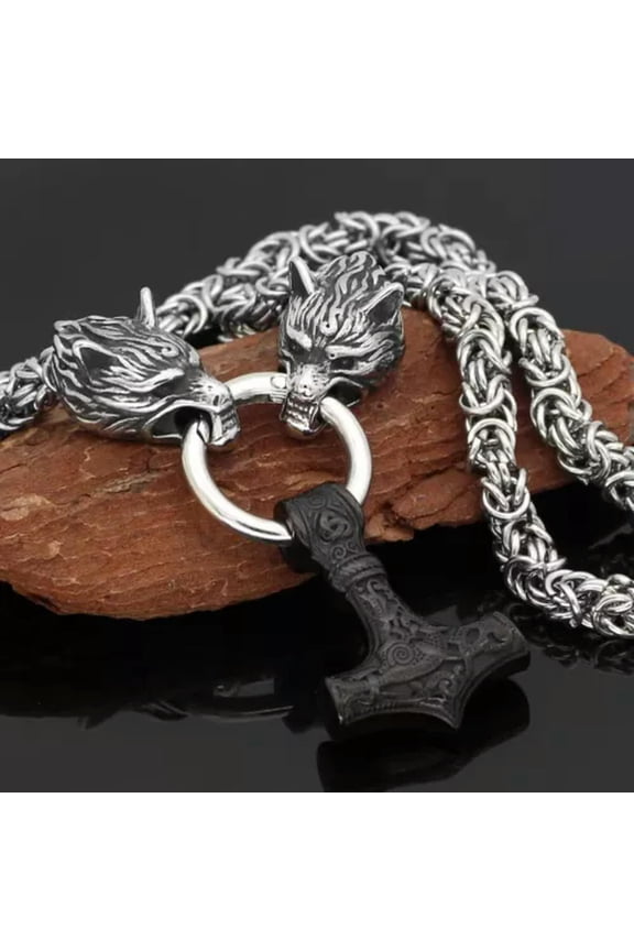 Men' Nordic Viking Wolf Head Necklace Chain, Charm, Pendant Hammer Stainless-50cm