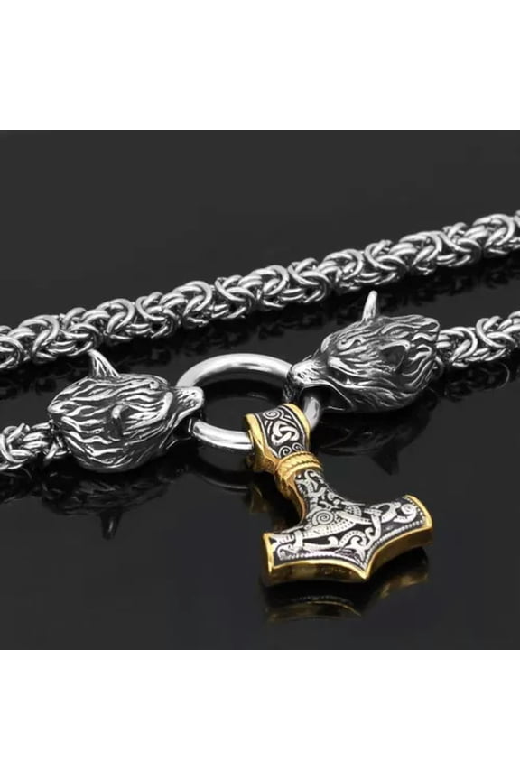 Men' Nordic Viking Wolf Head Necklace Chain, Charm, Pendant Hammer Stainless-90cm