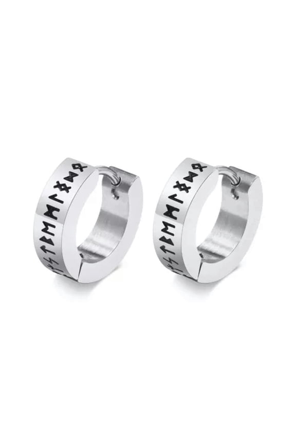 Men Norse Viking Runes Hoop Earrings,13mm Stainless Steel Huggie Ear Gifts -Silver -1 pair