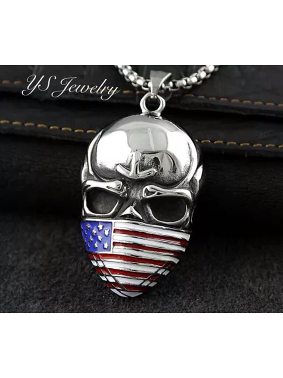 Men Silver Cross / U.S Flag Skull / Eagle / Bible Pendant Necklace Box Chain 24"-Style 3 - Skull w. US Flag