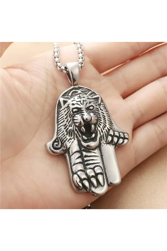 Men Silver Tiger Hamsa Hand Pendant Necklace Chain 22" Protection Jewelry Gift