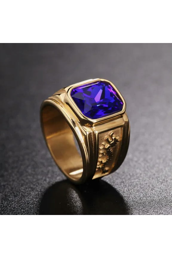 Men Stainless Steel Dragon Seal Stone Men's Ring Gothic Signet Rings Biker-9-Blue