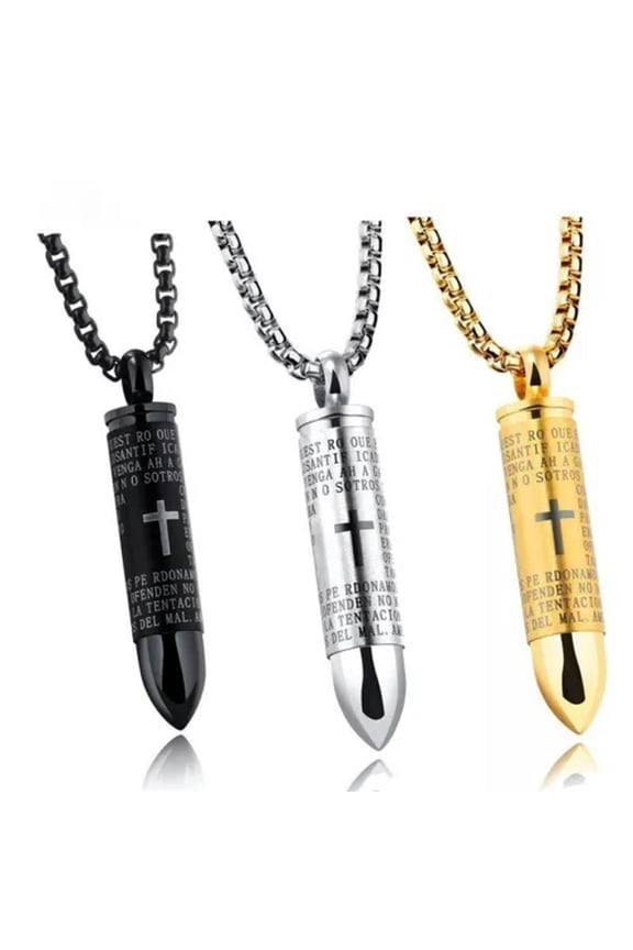 Men Stainless Steel Lords Prayer Bible Bullet Pendant Necklace Silver Gold Black-Silver