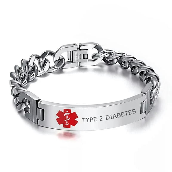 MATROOY Men Stainless Steel TYPE 2 DIABETES Medical Alert Bracelet Chunky Chain Bangle