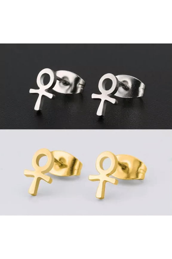 Men Women Key of Life Ankh Cross Stud Earrings Egyptian Jewelry Surgical Steel-Silver