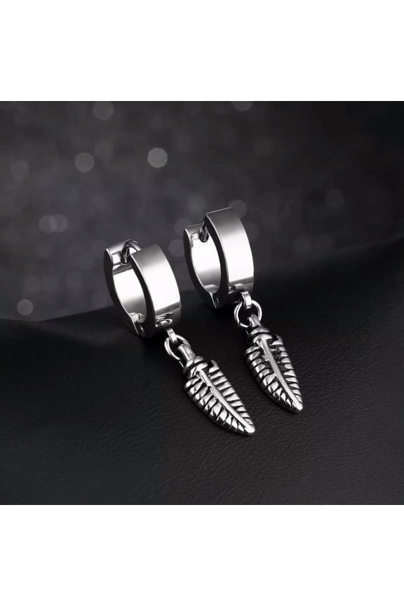 Men Women Punk Silver Feather Drop Dangle Hoop Earrings Surgical Steel Jewelry
