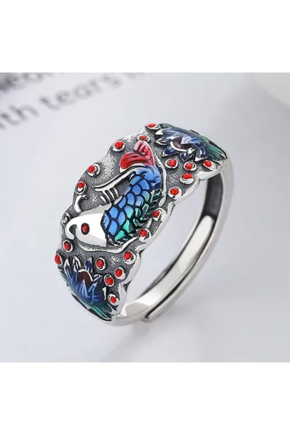 Men Women Real 925 Sterling Silver Band Colorful Enamel Lotus Flower Fish Ring