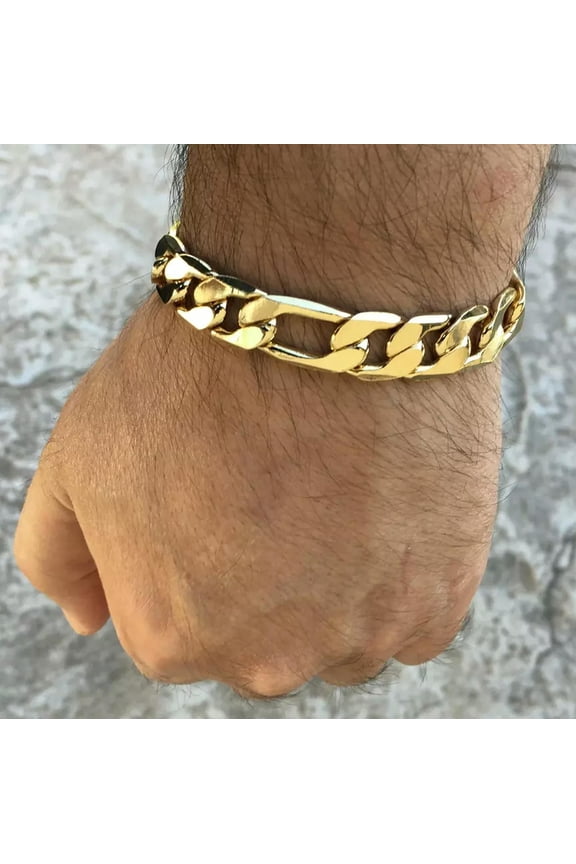 Men's 14K Gold Plated Figaro Hip Hop Bracelet 8" Inch x 12 MM Thick Wrist Chain