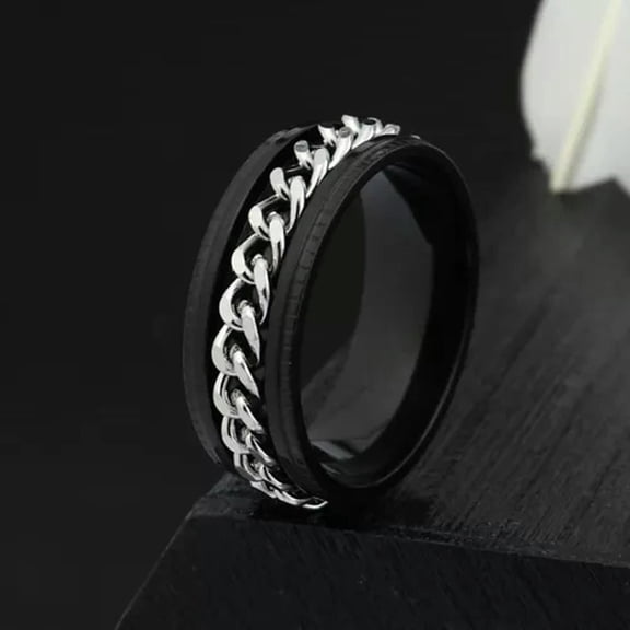 MATROOY Men's Black Silver Miami Cuban Link Wide Band Ring Punk Jewelry Stainless Steel-10