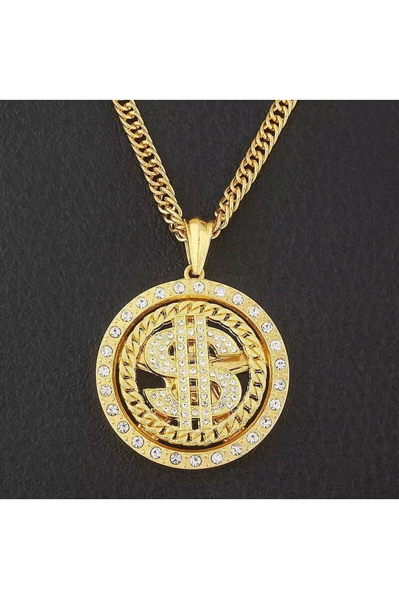 Men's Gold Large CZ Dollar Pendant Necklace Punk Hip Hop Jewelry Chain 28" Gift
