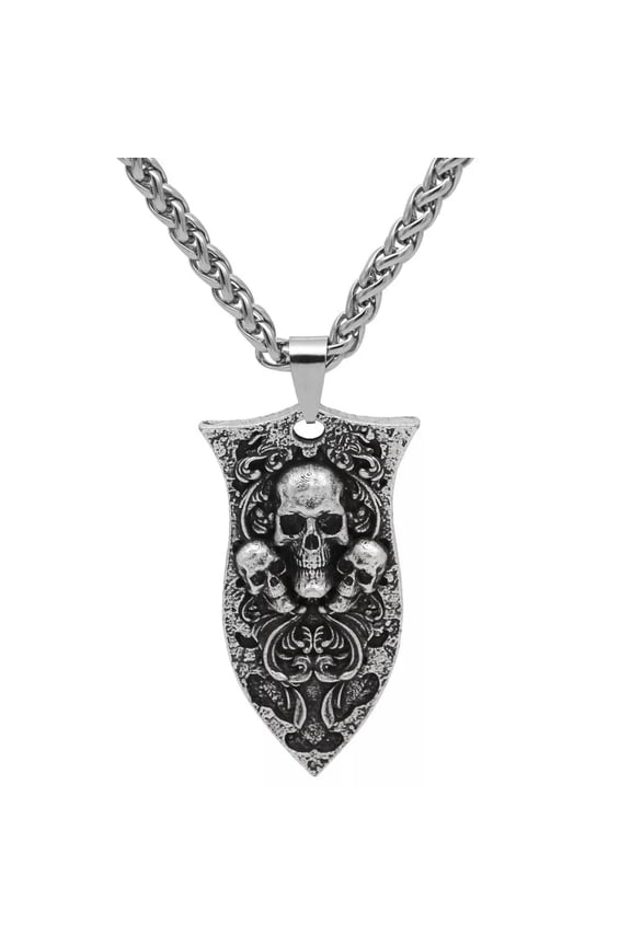 Men's Gothic Punk Silver Skull Shield Pendant Necklace Hip Hop Biker Jewelry 24"