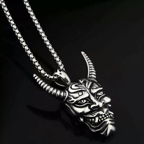MATROOY Men's Hannya Mask Pendant Necklace Gothic Punk Retro Rock Jewelry Box Chain 24"