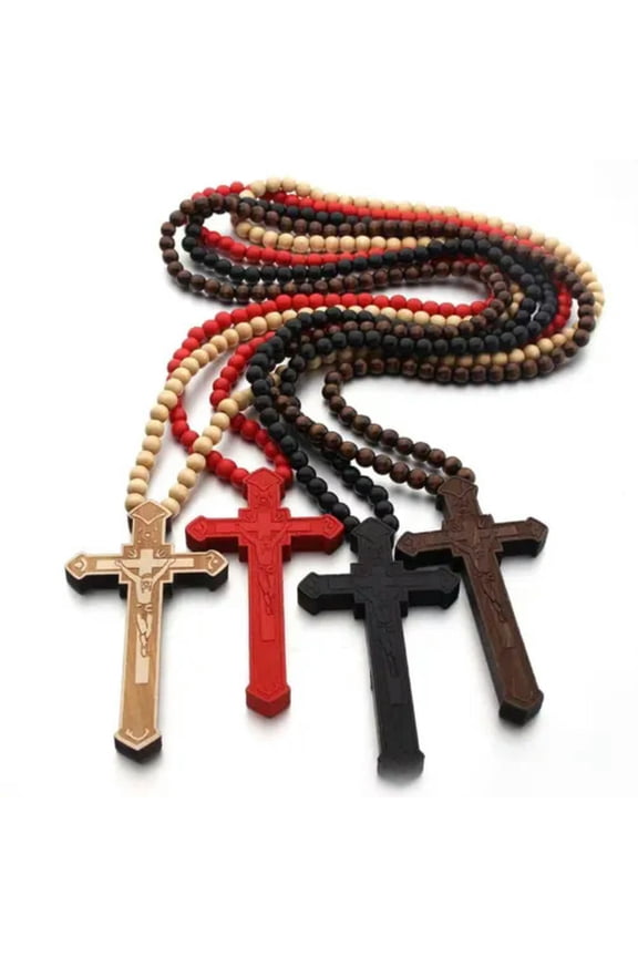Men's Large Jesus Cross Wood Pedant Necklace Christian Jewelry Chain 35" Gift-Red