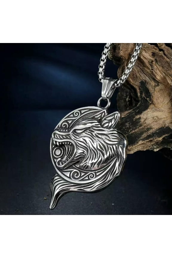 Men's Norse Viking Wolf Head Pendant Necklace Animal Jewelry Chain 24" Gift