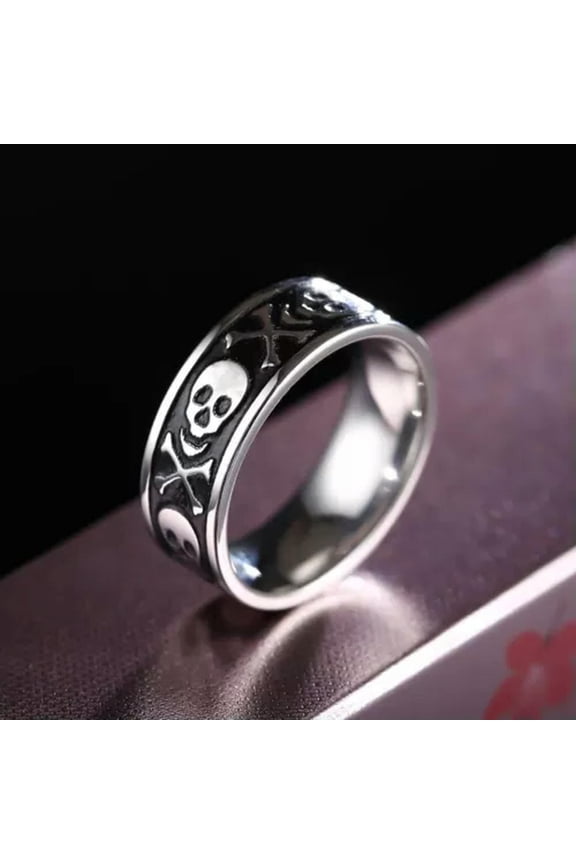 Men's Punk Pirate Skull Crossbone Ring Band Stainless Steel Gothic Retro Jewelry-7