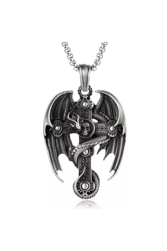 Men's Punk Retro Silver Skull Dragon Winged Cross Pendant Necklace Box Chain 24"