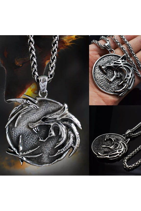 Men's Punk Silver Witcher Wolf Pendant Rock Biker Necklace Stainless Steel 24"