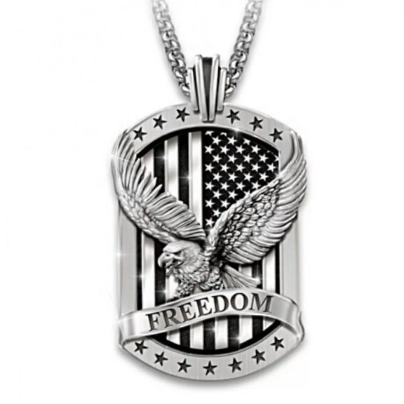 MATROOY Men's Silver Bald Eagle w. American Flag Pendant Necklace Punk Biker Jewelry 24"