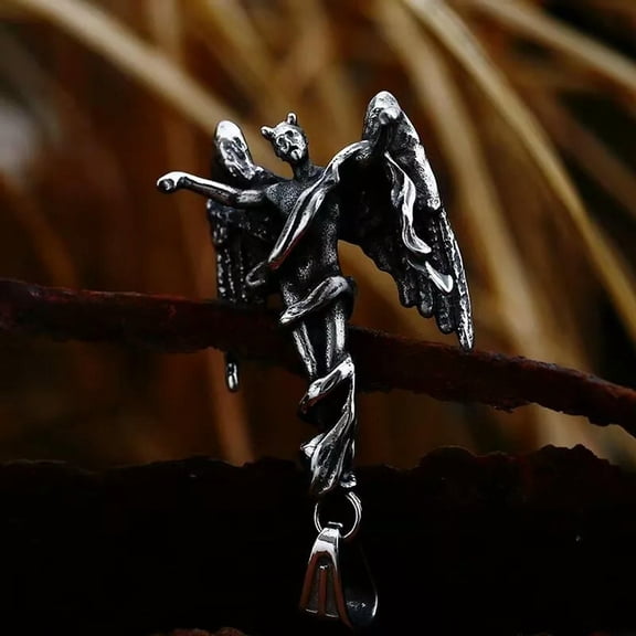 MATROOY Men's Silver Fallen Angel Pendant Necklace Punk Rock Jewelry Stainless Steel 24"