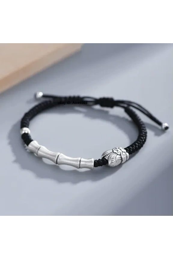 Men's Solid 999 Fine Silver Bracelet Bamboo Cicada Lucky Bracelet Adjustable