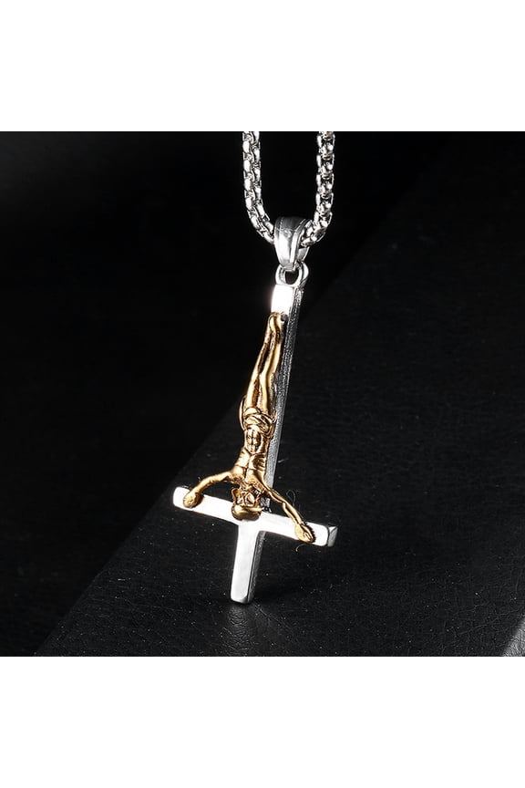 Men's Stainless Steel Upside Down Cross Necklace for Men Inverted Pendant Chain-B