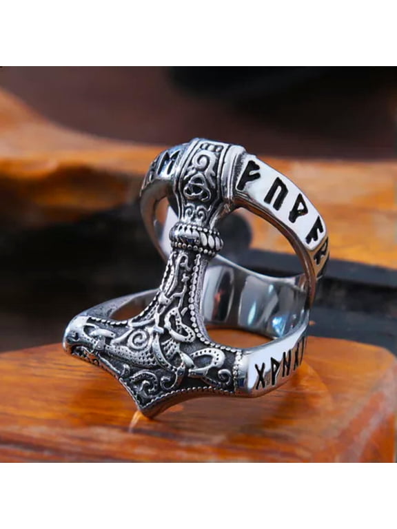 Men's Stainless Steel Viking Thor's Hammer Ring For Men Ring Amulet Jewelry-11