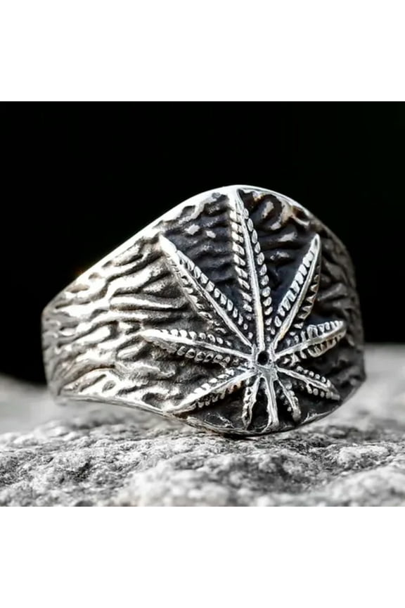 Men's Stainless steel Vintage Maple Leaf Ring Gothic Punk Satan Stamp-11