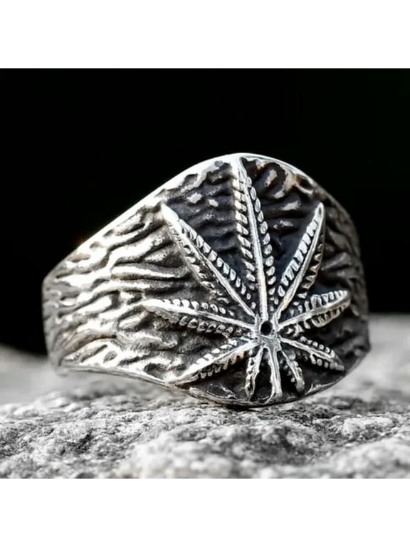 Men's Stainless steel Vintage Maple Leaf Ring Gothic Punk Satan Stamp-12