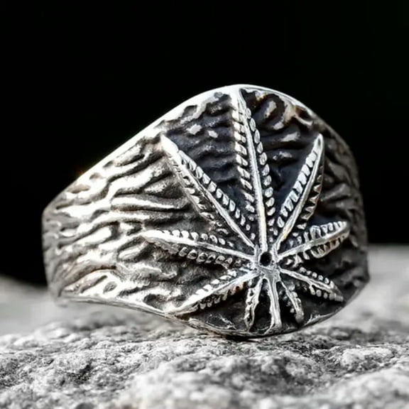 MATROOY Men's Stainless steel Vintage Maple Leaf Ring Gothic Punk Satan Stamp-9