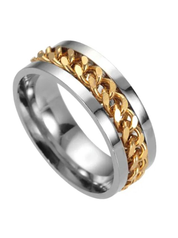 Men's Titanium Steel Chain Turn Ring Vintage Delicate Round Statement Ring A /-Gold-10