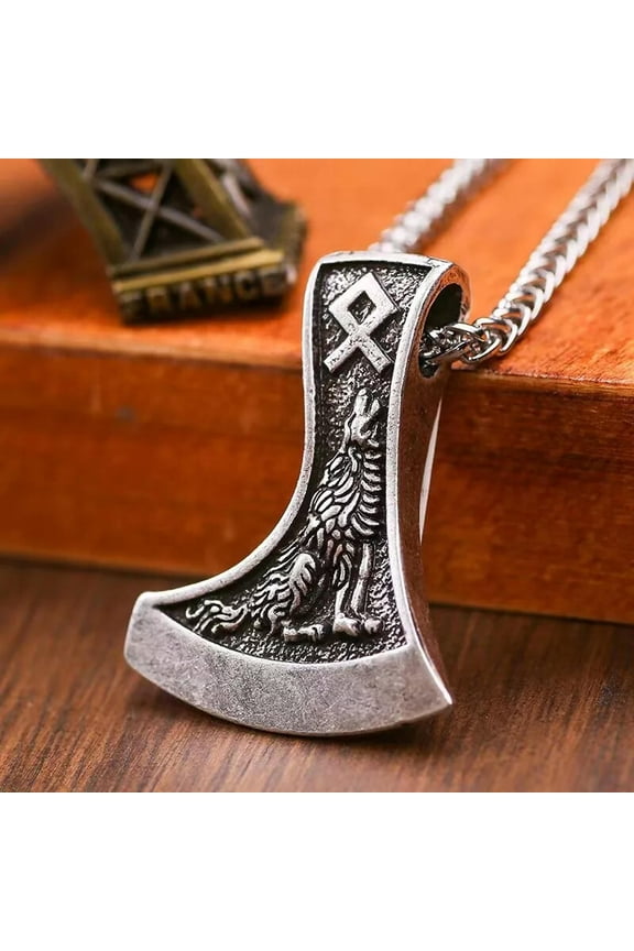 Men's Viking Axe Rune Wolf Raven Amulet Pendant Punk Biker Necklace Chain 24"