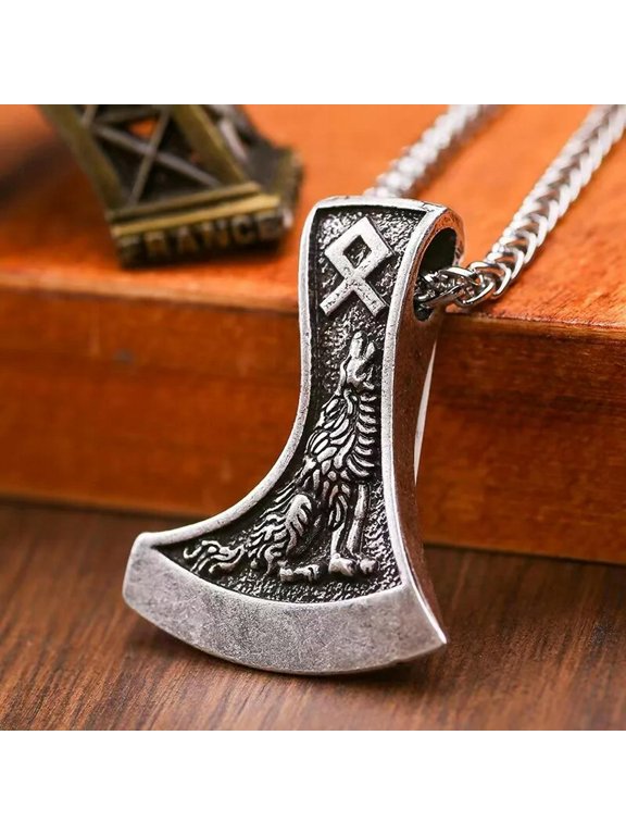 Men's Viking Axe Rune Wolf Raven Amulet Pendant Punk Biker Necklace Chain 24"