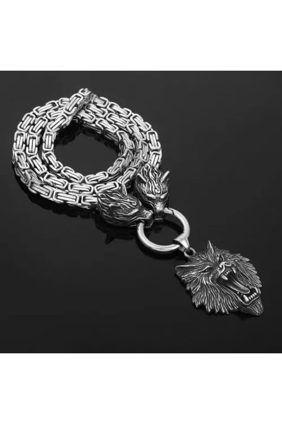 Men's Viking Wolf Necklace Chain, Charm, Pendant Wolf Head Stainless Steel-40cm