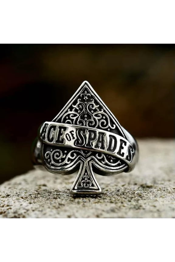 Men's Vintage Stainless Steel Black Ace Spade Poker Gambling Ring Band Size 7-13-13