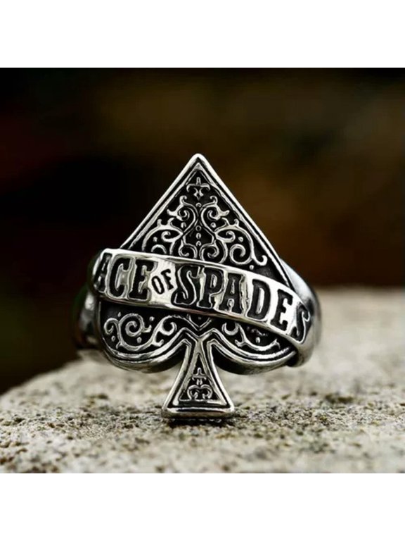 Men's Vintage Stainless Steel Black Ace Spade Poker Gambling Ring Band Size 7-13-9