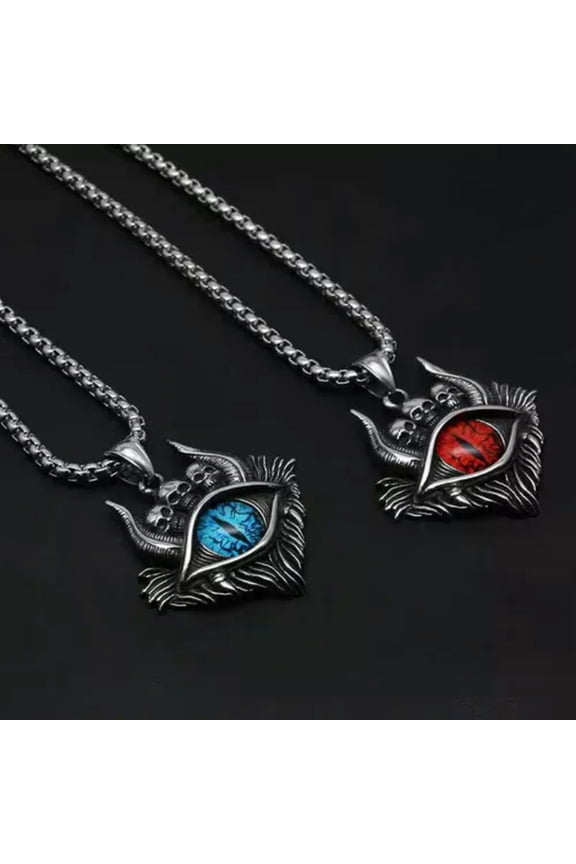 Mens Baphomet Skull Horned Demon Evil Eye Pendant Gothic Punk Necklace Chain 24"-Red