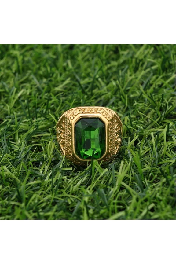 Mens Blue CZ Aquamarine Square Stone Ring Men Stainless Steel Jewelry Gold Ring-7-Green